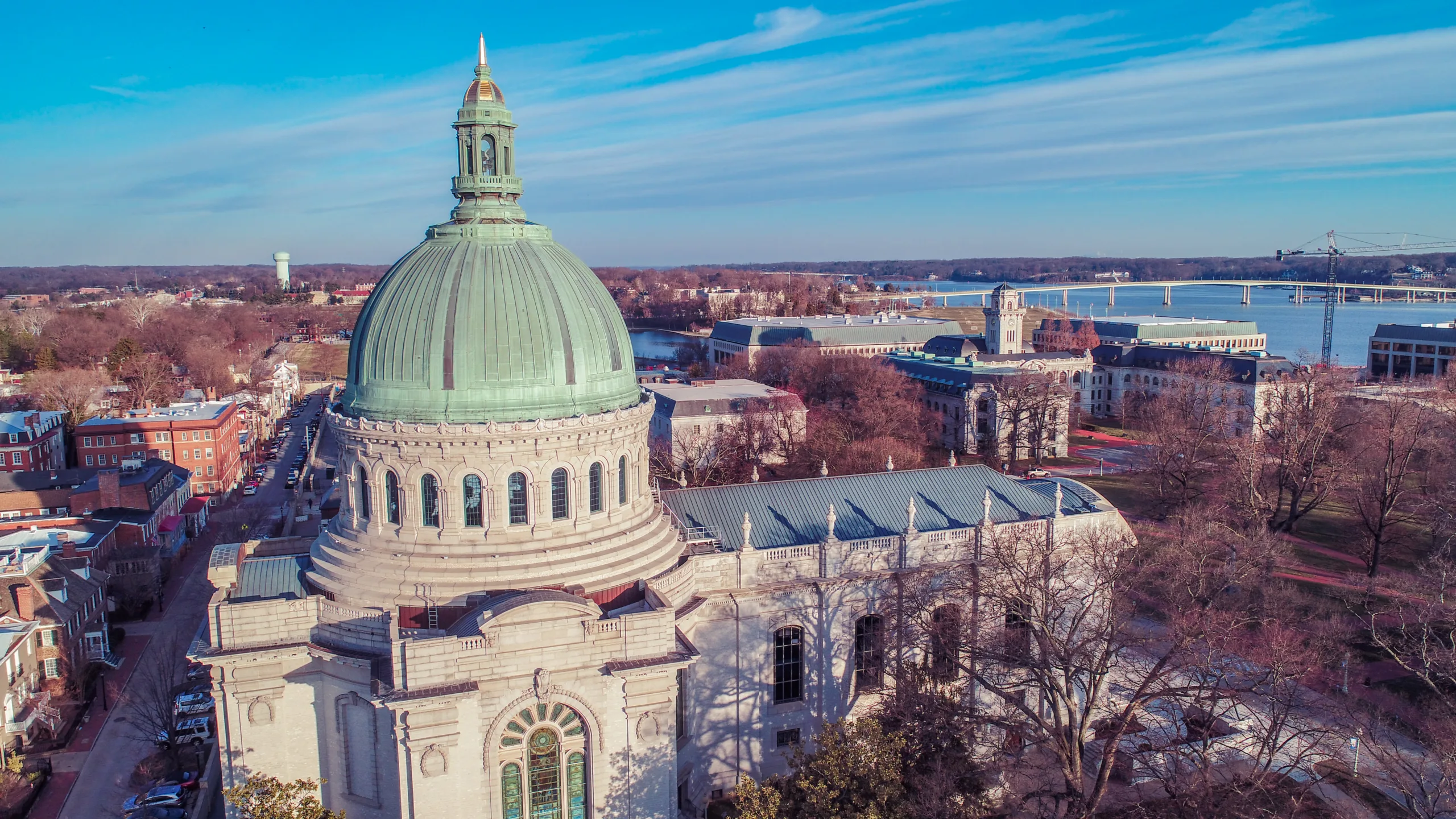 Aerial view of the Naval Academy Chapel in Annapolis