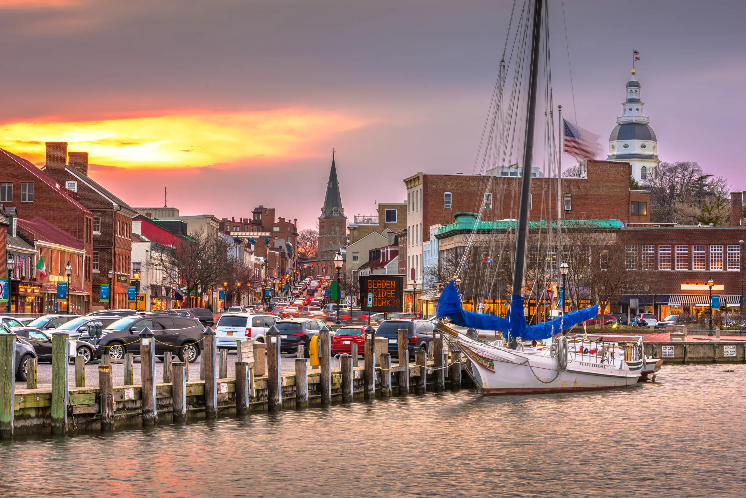 Annapolis,Maryland,USA,From,Annapolis,Harbor,At,Dusk.